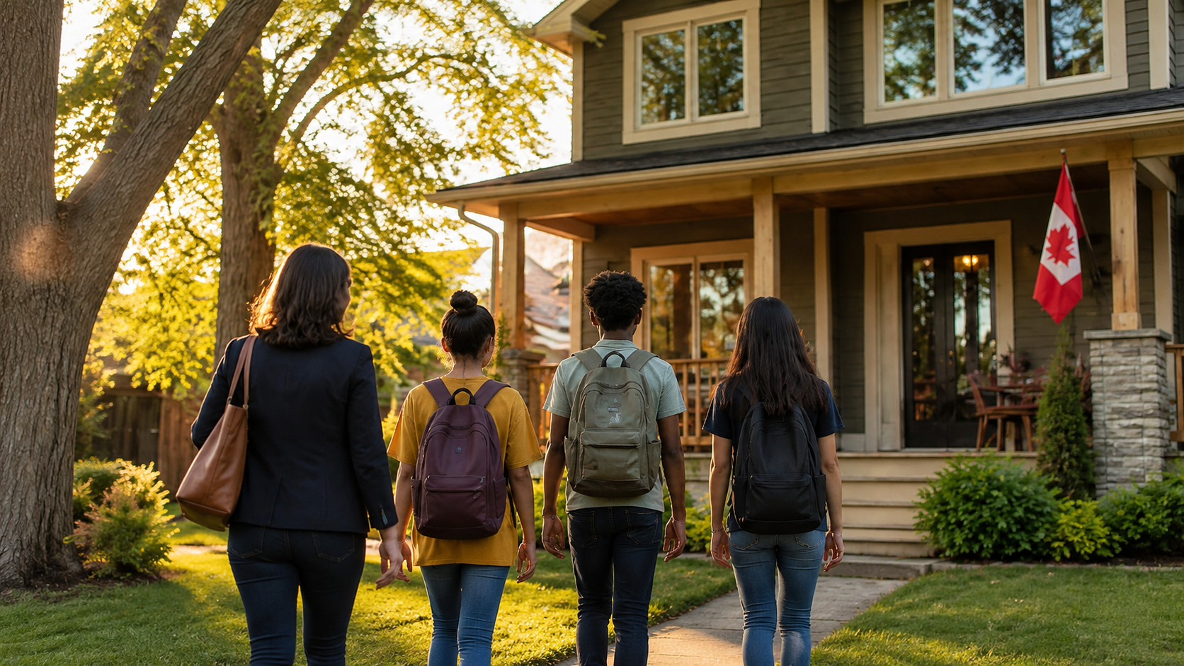 A group of young people and a caregiver walking toward a welcoming residential home at golden hour