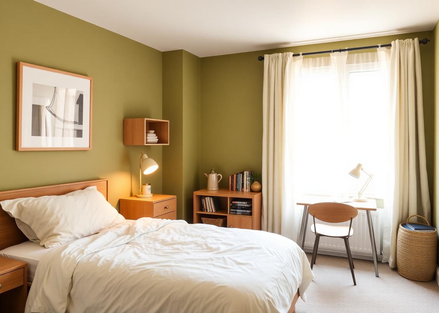 A calm, tidy bedroom with warm morning light in an Oakshore residence